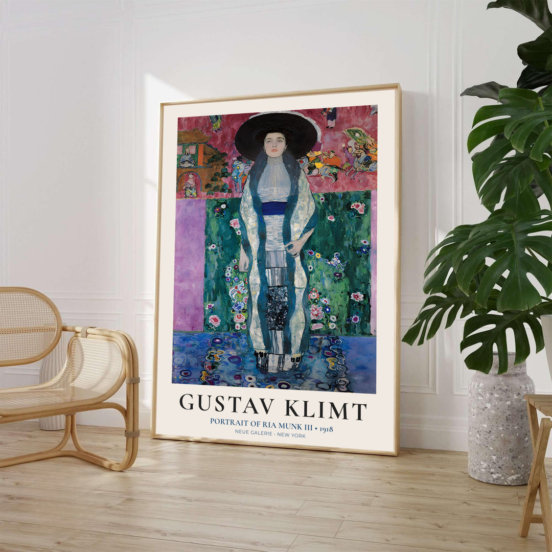 Late Viennese modernism portrait poster of Gustav Klimt Portrait Of Ria Munk III 1918 showing lush botanical motifs from Neue Galerie New York. MapYourDreams offers framed prints, unframed paper posters, and stretched canvas art prints for maximalist and bohemian interior designs.