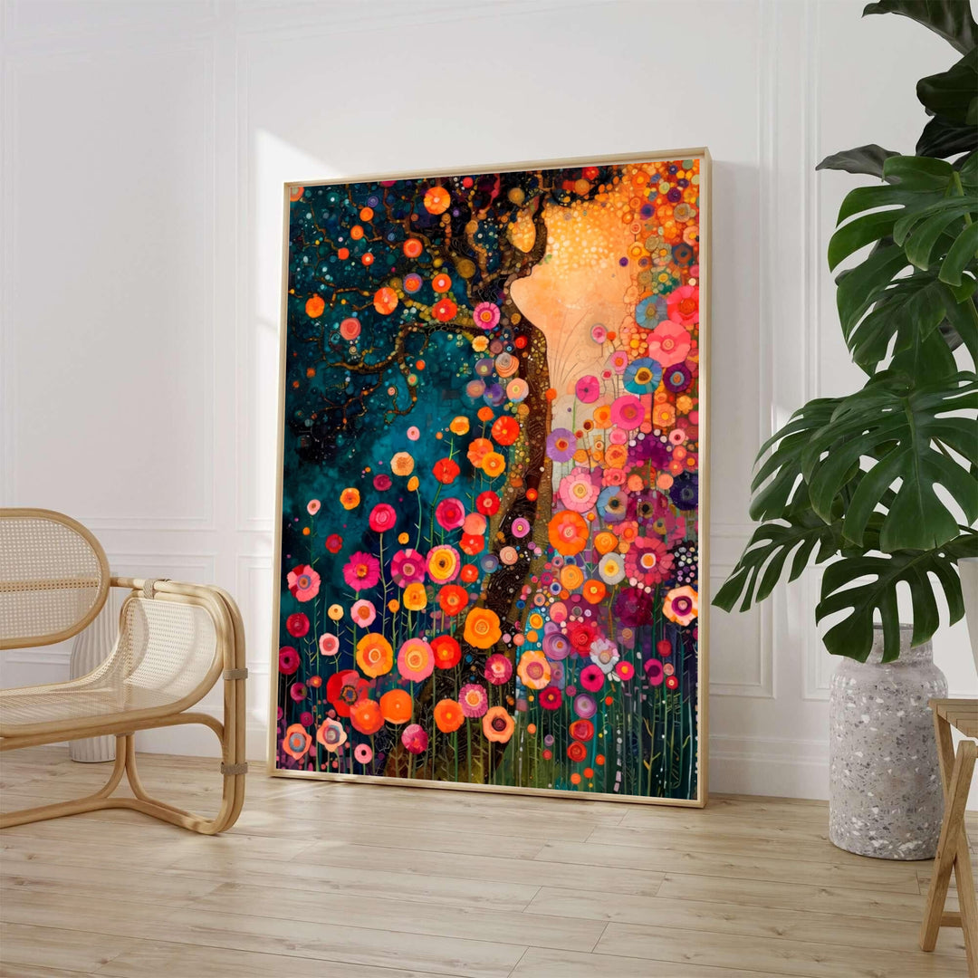 Expressive jewel-toned botanical print of Gustav Klimt Style Dream Of Flowers featuring spiraling tree branches over vibrant blooms. MapYourDreams features high-quality framed wall decor, unframed poster prints, and stretched canvas options designed for inspiring studio and office spaces.