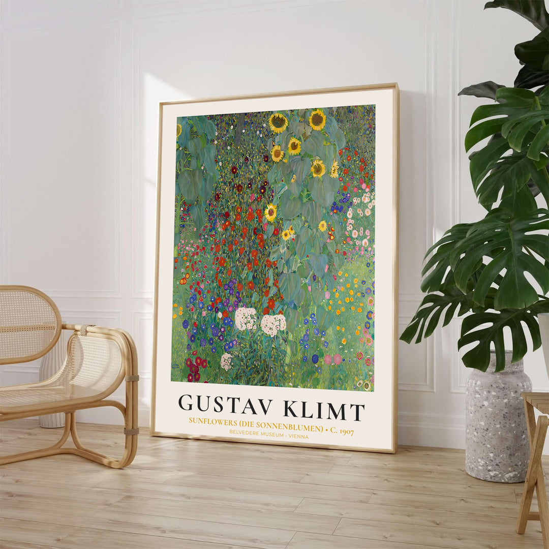 Masterful Austrian botanical print of Gustav Klimt Sunflowers Die Sonnenblumen 1907 from Belvedere Museum Vienna featuring yellow flowers and lush leaves. MapYourDreams offers framed prints, unframed paper posters, and stretched canvas art prints for traditional and modern homes.