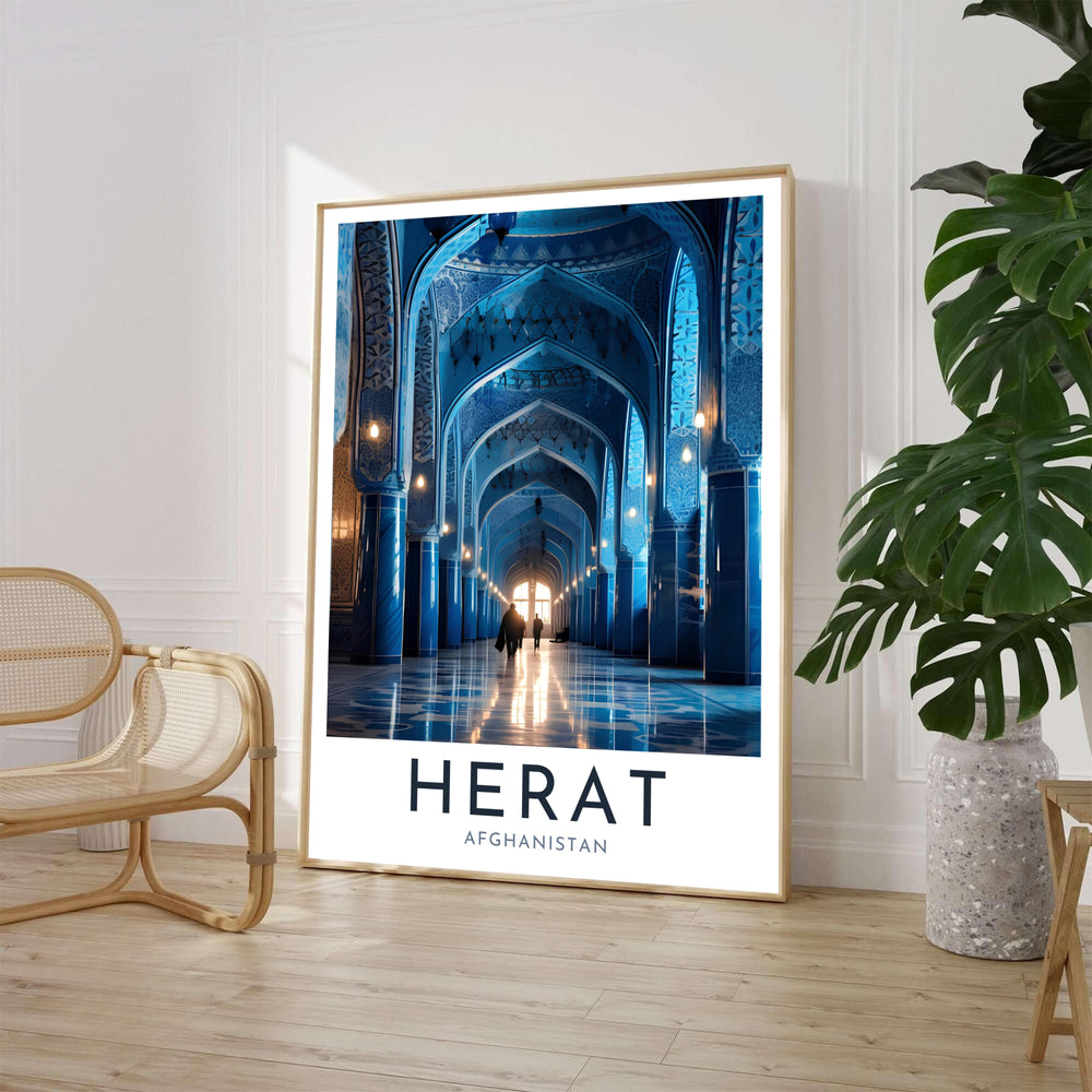 Exhibition style Herat Blue Mosque wall art print featuring cobalt tile archways and polished reflections in Afghanistan, presented by MapYourDreams in options including unframed fine art poster paper, stretched canvas wall art, or custom framed prints in classic black frames for living room spaces.