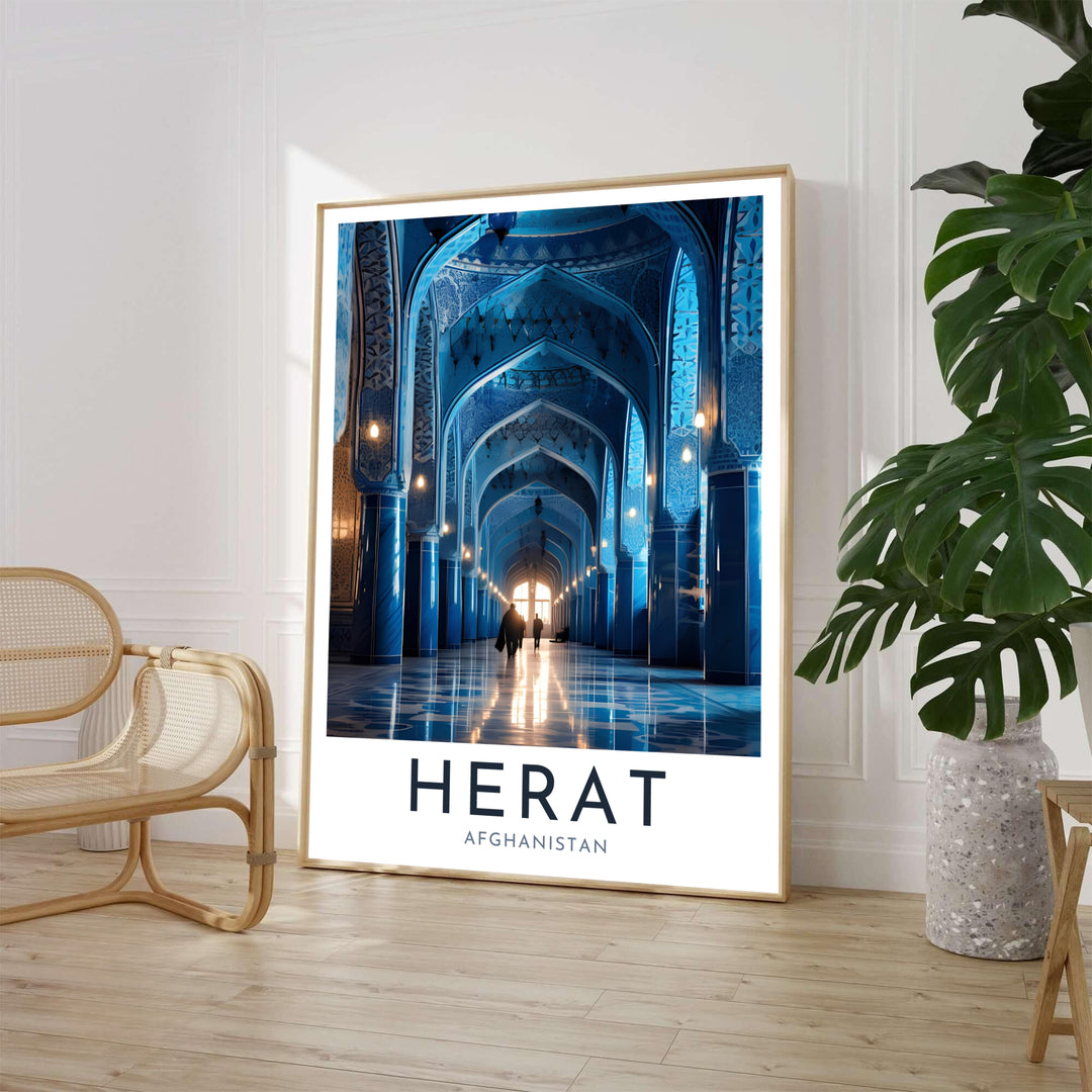 Exhibition style Herat Blue Mosque wall art print featuring cobalt tile archways and polished reflections in Afghanistan, presented by MapYourDreams in options including unframed fine art poster paper, stretched canvas wall art, or custom framed prints in classic black frames for living room spaces.