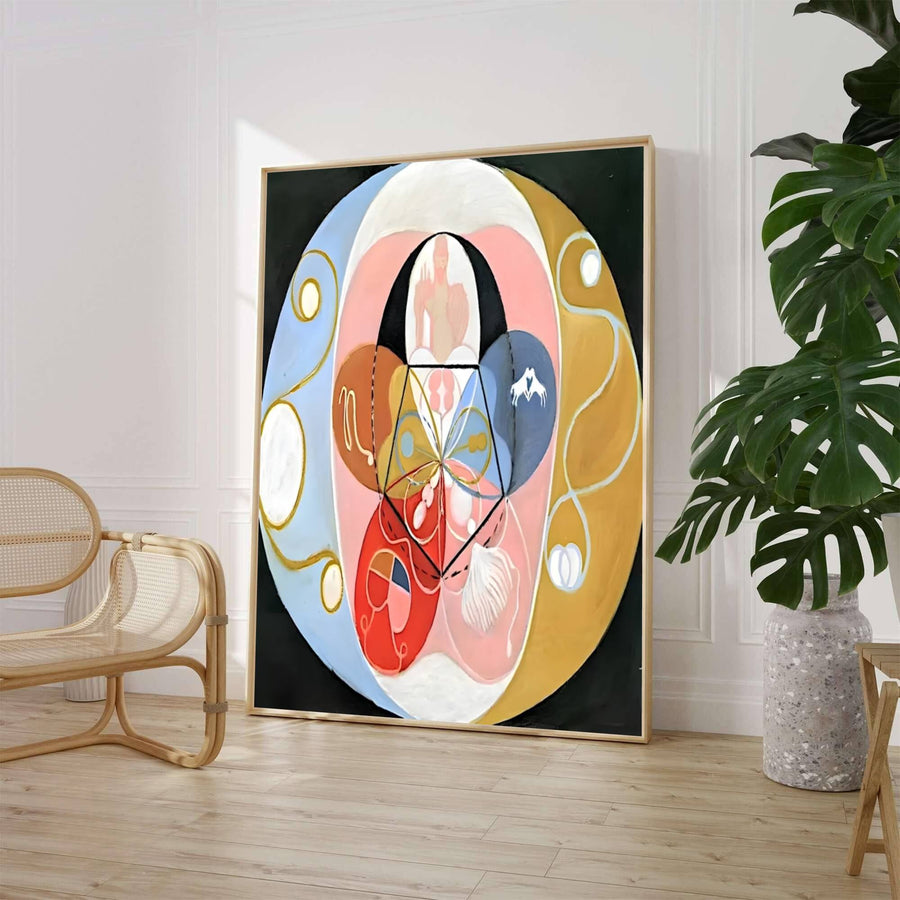 Evoking the crisp symbolic lines of early-twentieth-century transcendental art movements celebrated across European spiritualist circles, this geometric Hilma af Klint Evolution No 14 art print highlights celestial color blocks and sharp pentagonal forms. Offered by MapYourDreams, this artwork is available in flexible options including unframed paper, custom wooden frames, and gallery canvas wraps.