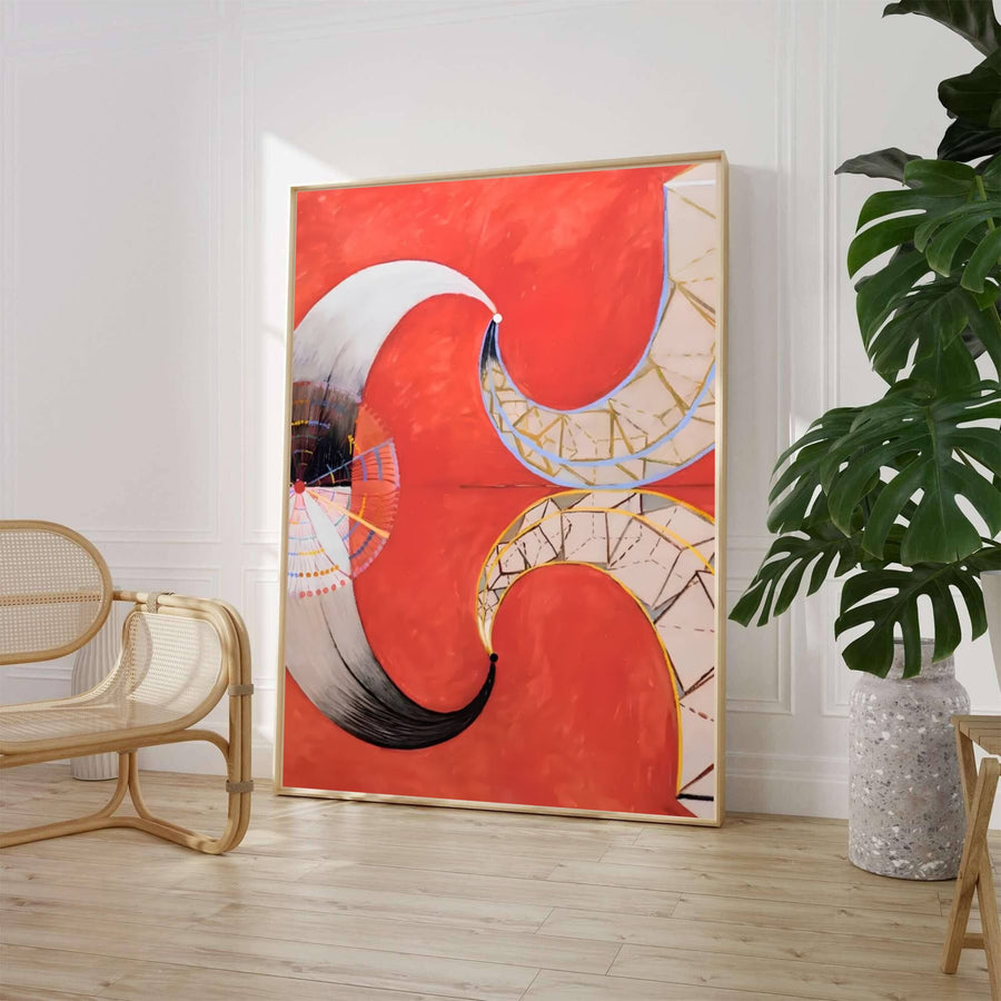 Evoking the crisp symbolic lines of early-twentieth-century transcendental art movements celebrated across European spiritualist circles, this geometric Hilma af Klint Group VII The Moon art print highlights celestial color blocks and sharp crescent forms. Offered by MapYourDreams, this artwork is available in flexible options including unframed paper, custom wooden frames, and gallery canvas wraps.