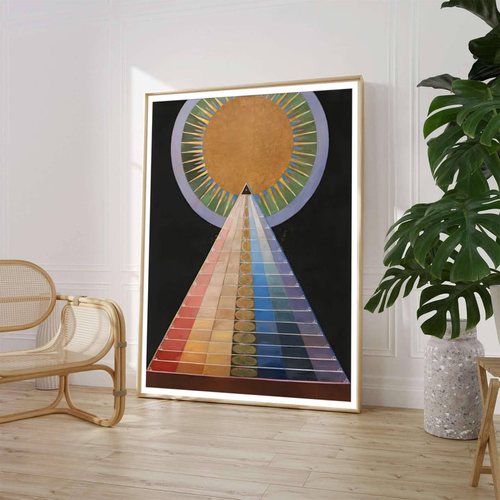 Evoking the crisp symbolic lines of early-twentieth-century transcendental art movements celebrated across European spiritualist circles, this geometric Hilma af Klint Group X Altarpiece art print highlights celestial color blocks and sharp pyramid forms. Offered by MapYourDreams, this artwork is available in flexible options including unframed paper, custom wooden frames, and gallery canvas wraps.