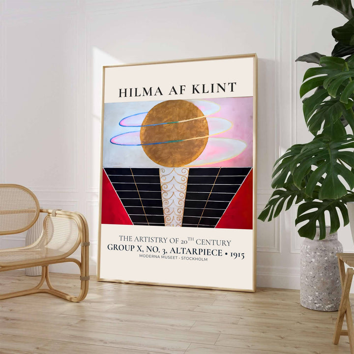 Evoking the crisp exhibition typography and transcendental motifs celebrated in Stockholm museum archives, this geometric Hilma af Klint Group X No 3 Altarpiece art print highlights celestial color blocks and structured grid forms. Offered by MapYourDreams, this artwork is available in flexible options including unframed paper, custom wooden frames, and gallery canvas wraps.