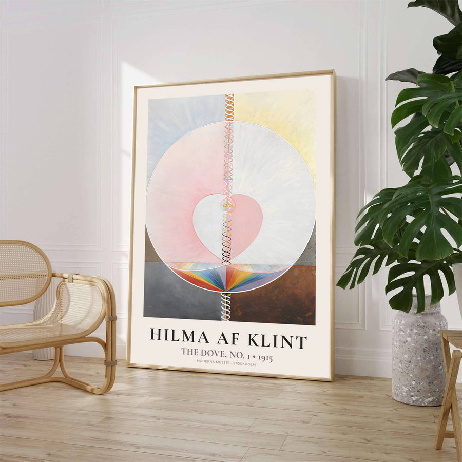 Evoking the crisp exhibition typography and transcendental motifs celebrated in Stockholm museum archives, this geometric The Dove No 1 1915 art print by Hilma af Klint highlights vertical spiral axes and prismatic color. Offered by MapYourDreams, this artwork is available in flexible options including unframed paper, custom wooden frames, and gallery canvas wraps.