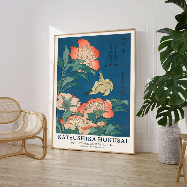 Classic Japanese Ukiyo-e botanical art print Peonies and Canary by artist Katsushika Hokusai featuring detailed bird and flower motifs in Boston. MapYourDreams supplies framed, unframed, and canvas poster formats for home wall decor.