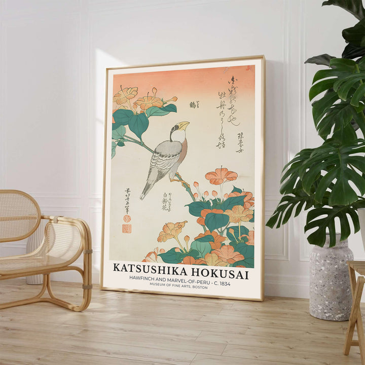 Classic Japanese Ukiyo-e botanical art print Hawfinch and Marvel-of-Peru by artist Katsushika Hokusai featuring a perched bird and blossoms referencing Boston collections. MapYourDreams supplies framed, unframed, and canvas poster formats for home wall decor.