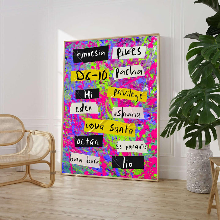 Retro 90s rave neon paint splatter poster with famous nightclub names from Ibiza, Spain, available from MapYourDreams with product options including an unframed fine art paper print, ready-to-hang gallery wrapped canvas, and custom frame options to elevate modern living room decor.