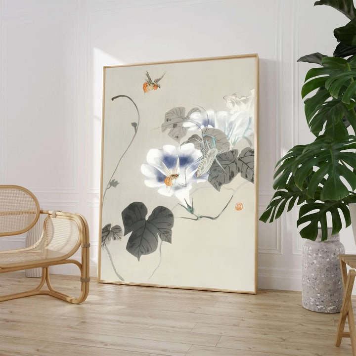 Classic 1900 1930 Japanese Kacho-ga art print by artist Ohara Koson featuring insects referencing traditional Tokyo printmakers. MapYourDreams supplies framed, unframed, and canvas poster formats for home wall decor.