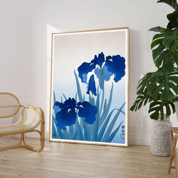 Classic Japanese Kacho-ga art print by artist Ohara Koson featuring blue irises referencing traditional Tokyo printmakers. MapYourDreams supplies framed, unframed, and canvas poster formats for home wall decor.