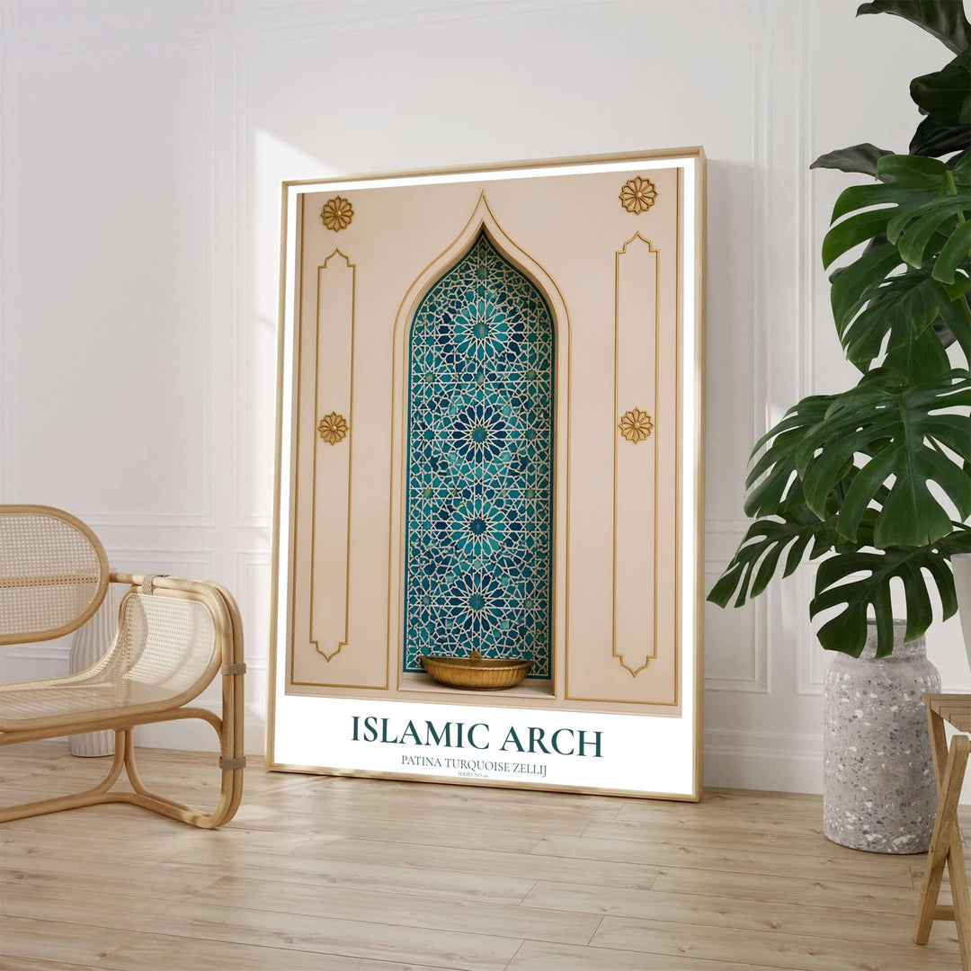 Close up print of traditional Moroccan zellij tile mosaic in patina turquoise and cobalt blue set inside a cream arched alcove. Crafted by MapYourDreams, this artwork is available in flexible options including unframed paper, custom wooden frames, and gallery canvas wraps to suit your wall decor.