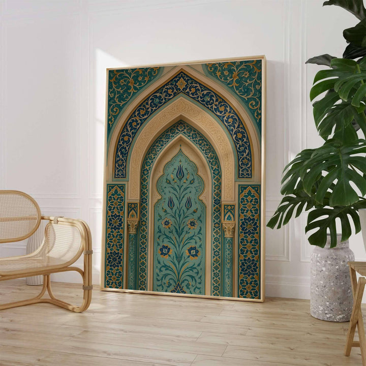 Close up photo print of traditional Iznik tile art in turquoise blue and cobalt featuring a central tulip motif inside nested archways. Crafted by MapYourDreams, this artwork is available in flexible options including unframed paper, custom wooden frames, and gallery canvas wraps to suit your wall decor.