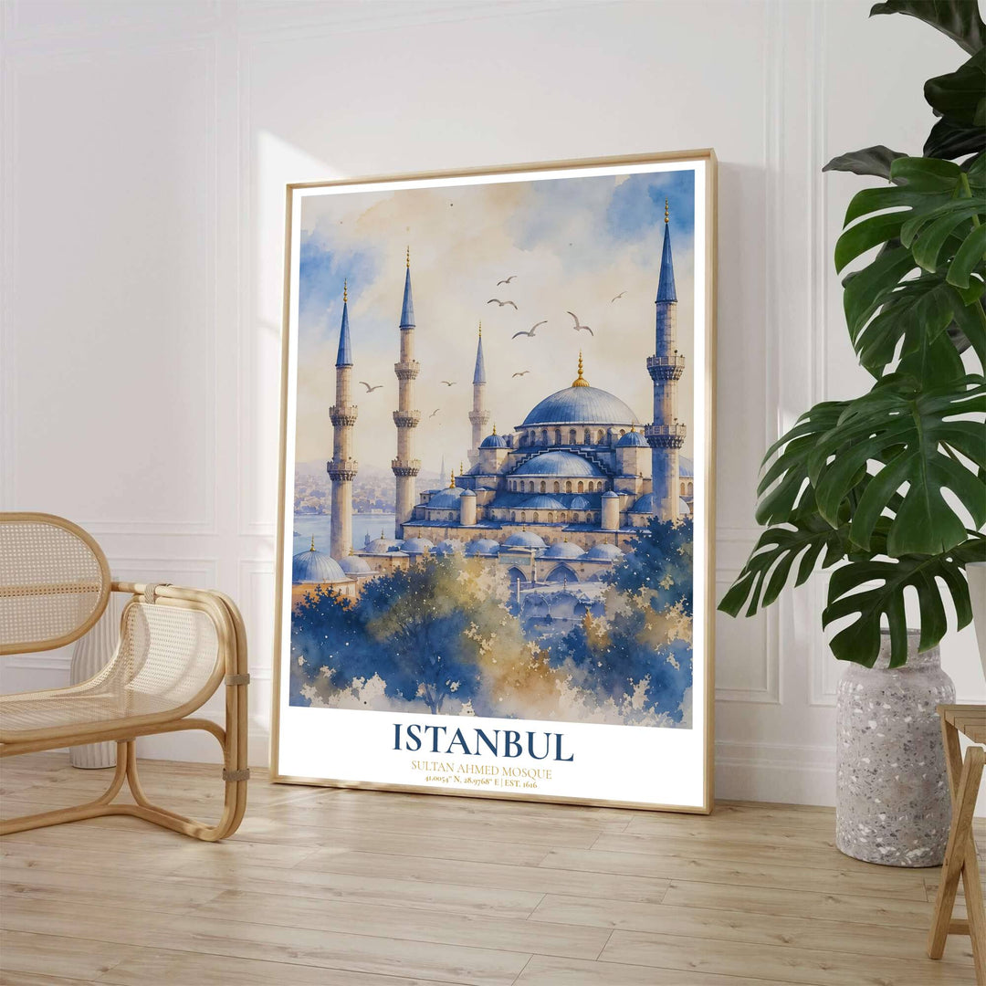 Panoramic watercolor painting of Sultan Ahmed Mosque in Istanbul featuring cascading blue domes and distant Bosphorus view. Crafted by MapYourDreams, this artwork is available in flexible options including unframed paper, custom wooden frames, and gallery canvas wraps to suit your wall decor.