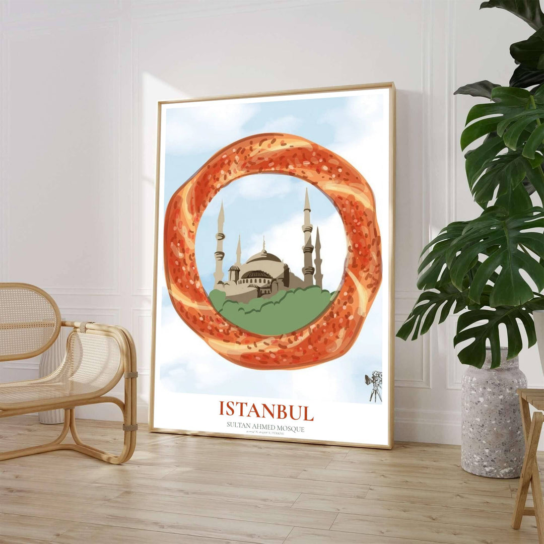 High detail vector print depicting Istanbul Blue Mosque minarets and domes framed inside a textured golden simit ring. Brought by MapYourDreams, this artwork is available in flexible options including unframed paper, custom wooden frames, and gallery canvas wraps for study room decor.
