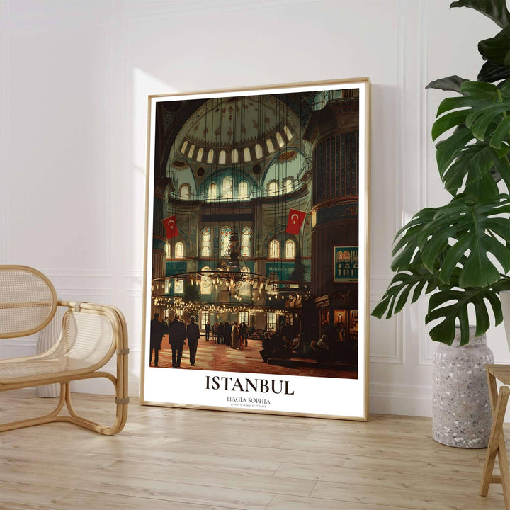 High detail photo print of the interior nave of Hagia Sophia in Istanbul showing stained glass arch windows and marble pillars. Crafted by MapYourDreams, this artwork is available in flexible options including unframed paper, custom wooden frames, and gallery canvas wraps to suit your wall decor.