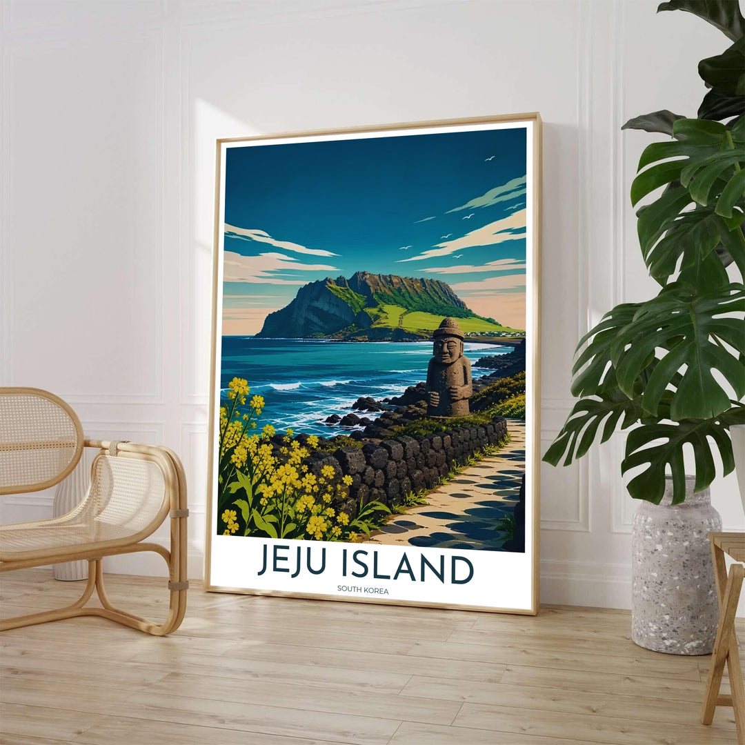 Scenic travel poster of Jeju Island, South Korea, showcasing the majestic Sunrise Peak rising above turquoise ocean waters, a traditional Dol Hareubang statue, and yellow spring blossoms. Offered by MapYourDreams, this artwork is available in flexible options including unframed paper, custom wooden frames, and gallery canvas wraps.
