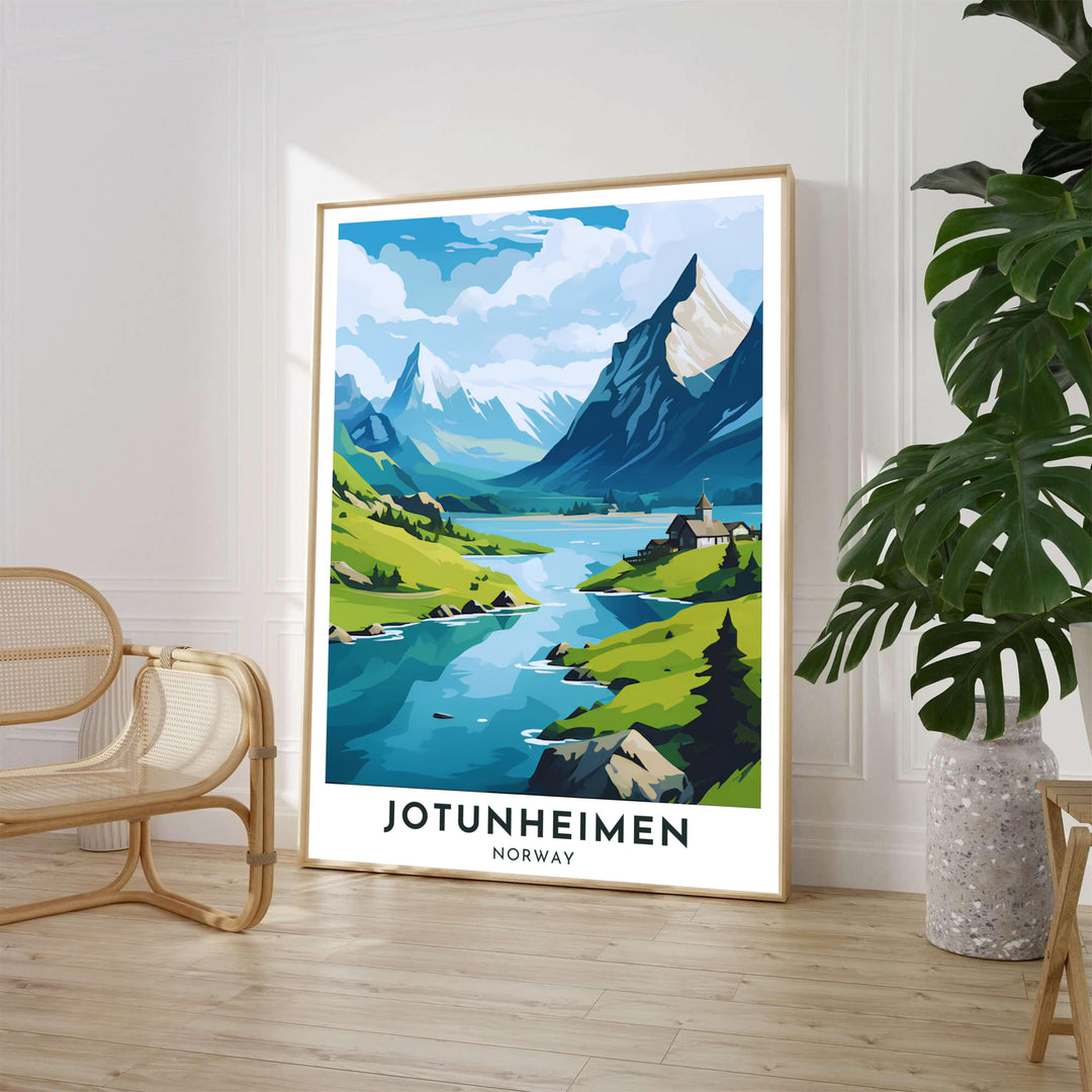 Scenic Norwegian alpine valley landscape featuring crisp mountain reflections on a calm lake surface in Jotunheimen Norway under a cloudy summer sky. Perfect as a statement wall decor piece, this travel illustration offers flexible options including custom wood framed artwork, gallery canvas wraps, and archival unframed prints.