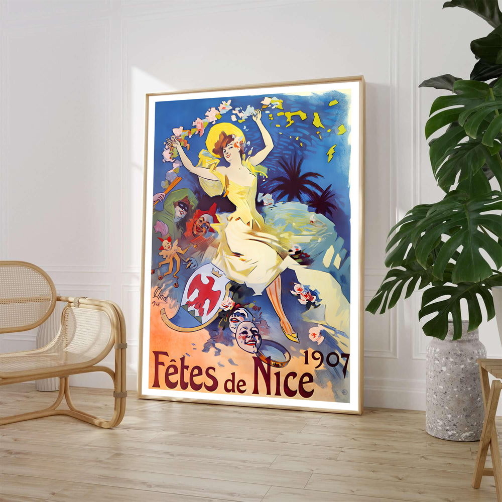 Classic Belle Époque carnival print Fêtes De Nice by artist Jules Chéret celebrating the festival of Nice France on the French Riviera. Offered as unframed prints, gallery canvas, or framed wall decor at MapYourDreams.