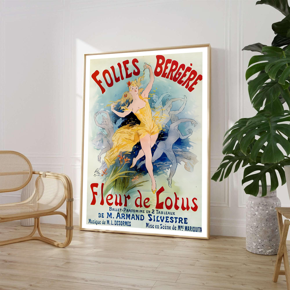 Classic Belle Époque theater print Folies Bergère Fleur De Lotus by artist Jules Chéret celebrating French cabaret in Paris France. Offered as unframed prints, gallery canvas, or framed wall decor at MapYourDreams.