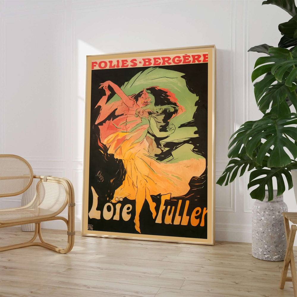 Classic Belle Époque theater print Loïe Fuller Folies Bergère by artist Jules Chéret celebrating French cabaret in Paris France. Offered as unframed prints, gallery canvas, or framed wall decor at MapYourDreams.