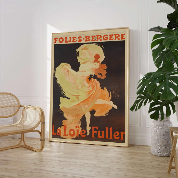 Classic Belle Époque theater print La Loïe Fuller Folies Bergère by artist Jules Chéret celebrating French cabaret in Paris France. Offered as unframed prints, gallery canvas, or framed wall decor at MapYourDreams.