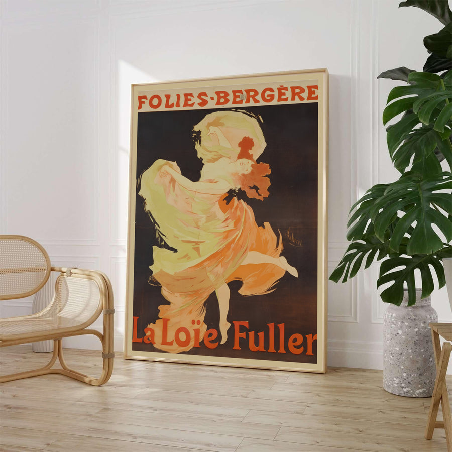 Classic Belle Époque theater print La Loïe Fuller Folies Bergère by artist Jules Chéret celebrating French cabaret in Paris France. Offered as unframed prints, gallery canvas, or framed wall decor at MapYourDreams.