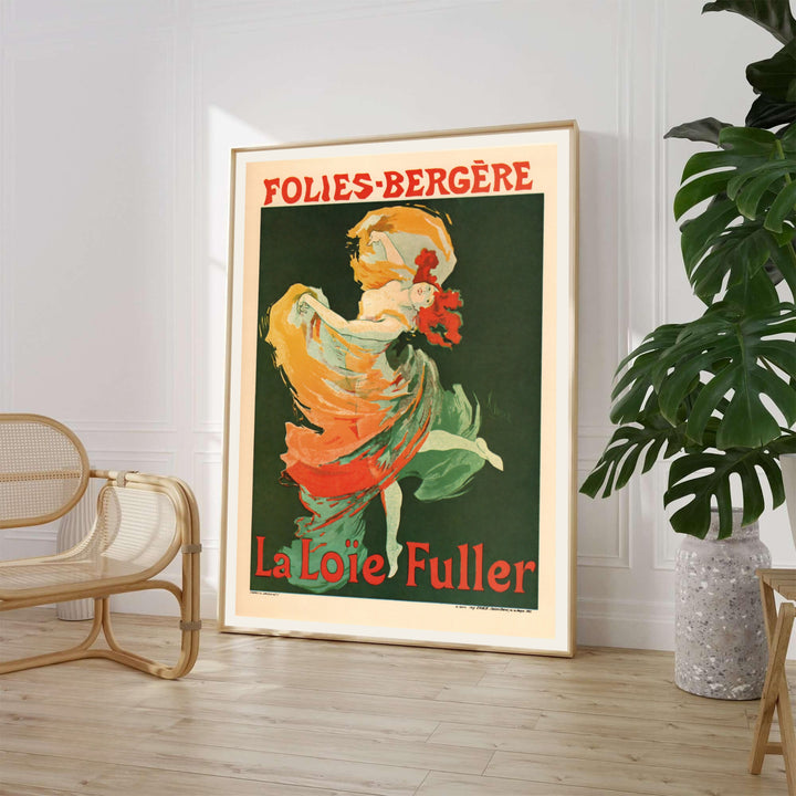 Jules Chéret Folies Bergère La Loïe Fuller vintage French cabaret poster depicting a red-haired dancer in swirling emerald green and orange drapery at Folies Bergère in Paris France. MapYourDreams provides framed, unframed paper, and canvas wall art options.
