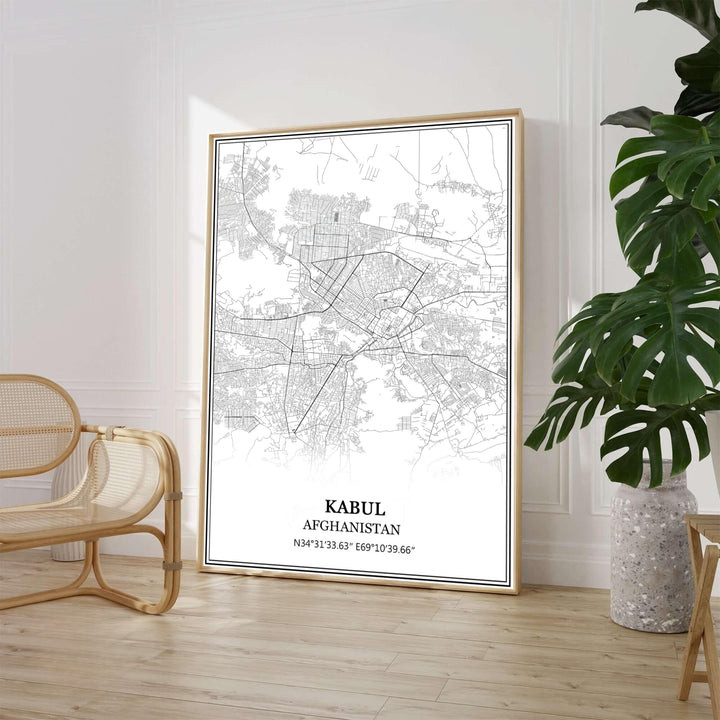 Minimalist Kabul Afghanistan city map print displaying detailed street networks and geographic coordinates in monochrome black, presented by MapYourDreams in options including unframed poster paper, stretched canvas wall art, or custom framed prints in classic black frames for living room spaces.