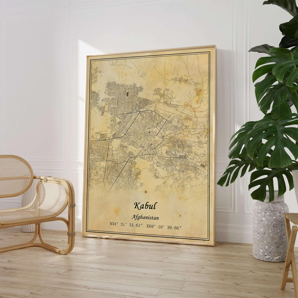 Vintage Kabul Afghanistan city map print featuring aged parchment textures and antique calligraphic script typography, presented by MapYourDreams in choices including unframed poster paper, stretched canvas wall art, or custom framed prints in classic black frames for study rooms.