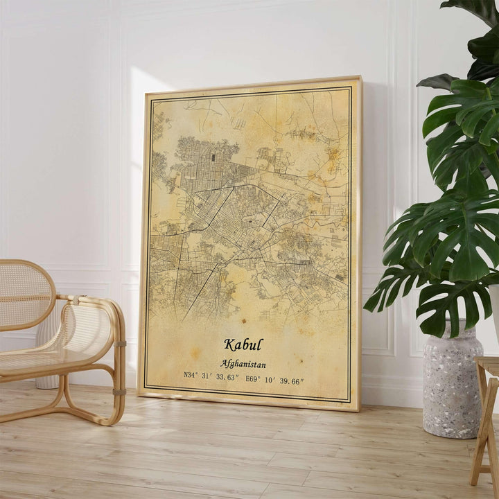Vintage Kabul Afghanistan city map print featuring aged parchment textures and antique calligraphic script typography, presented by MapYourDreams in choices including unframed poster paper, stretched canvas wall art, or custom framed prints in classic black frames for study rooms.