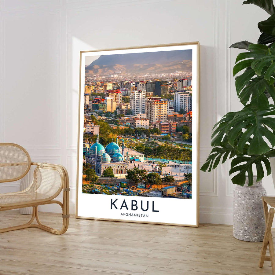 High resolution city photograph of Kabul Afghanistan featuring Sakhi Shrine turquoise domes and mountain views, presented by MapYourDreams in choices including an unframed print, gallery wrapped canvas wall art, or custom framed wall print in natural wood frames for office decor.