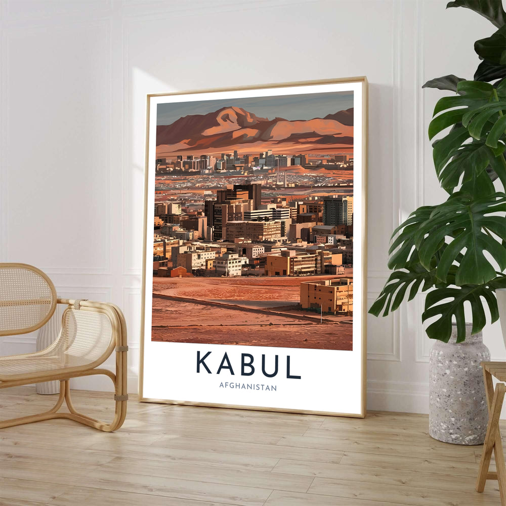 Graphic illustration art print of the Kabul Afghanistan skyline featuring terracotta desert tones and mountain views, presented by MapYourDreams as an unframed paper poster, gallery wrapped canvas print, or custom framed wall art in natural wood frames for office decor.