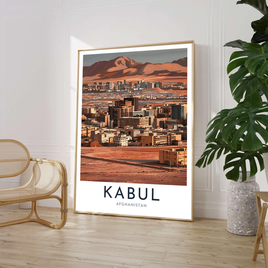 Graphic illustration art print of the Kabul Afghanistan skyline featuring terracotta desert tones and mountain views, presented by MapYourDreams as an unframed paper poster, gallery wrapped canvas print, or custom framed wall art in natural wood frames for office decor.