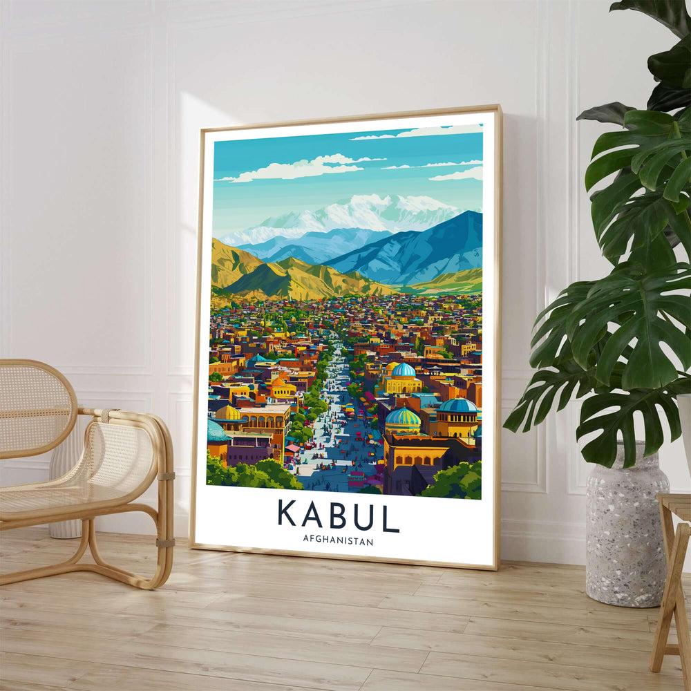 Retro illustrated travel print of Kabul Afghanistan featuring bustling city streets and snow-capped Hindu Kush mountain slopes, presented by MapYourDreams as an unframed paper poster, gallery wrapped canvas print, or custom framed wall art in natural wood frames for studio wall decor.