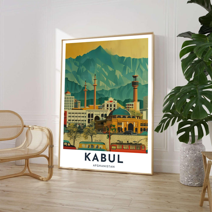 Retro travel poster displaying the colorful traditional buildings and towering minarets of Kabul, Afghanistan, under an ochre sky. Provided by MapYourDreams as an unframed paper print, a gallery canvas wall decor piece, or a custom framed wall art item in retro black and grey frames.