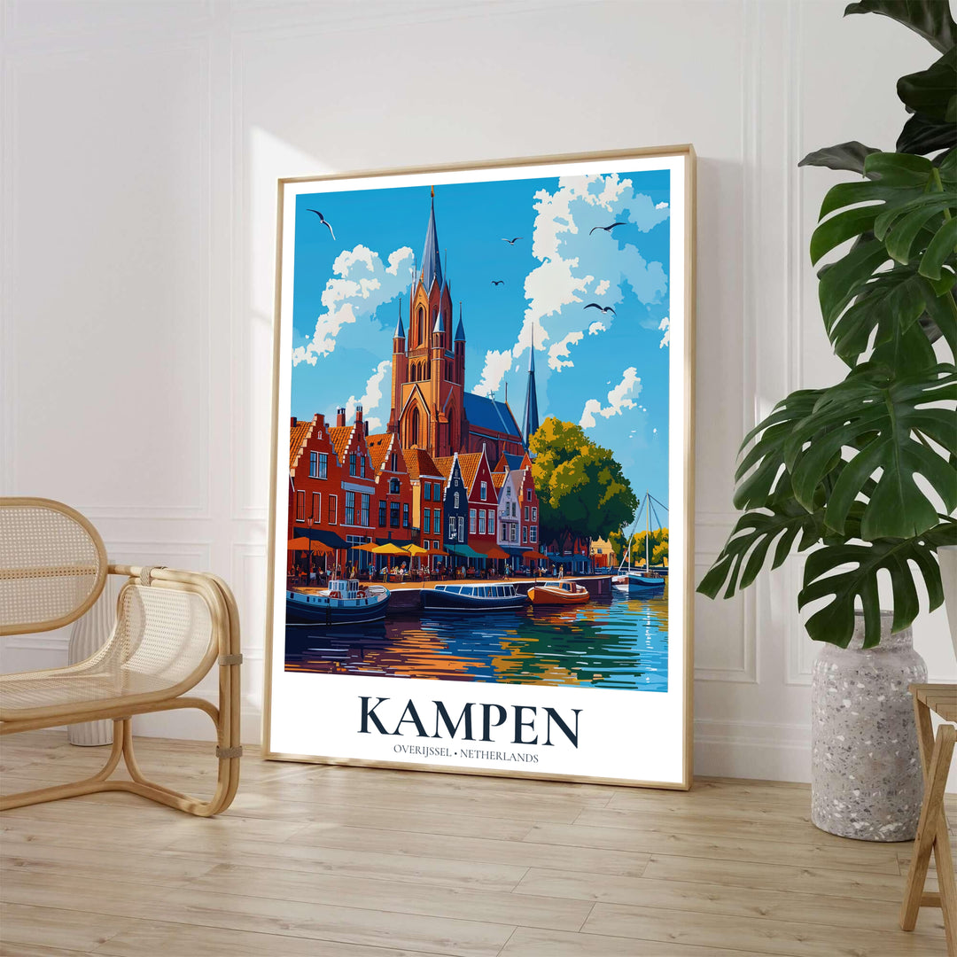Architectural vector travel print depicting Kampen Overijssel Netherlands waterfront cafes, canal boats, and soaring church spires, produced by MapYourDreams with customer options including an unframed art poster, gallery wrapped canvas decor, and custom frame options for living room spaces.