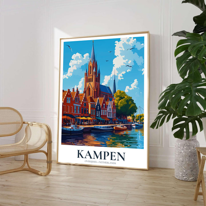 Architectural vector travel print depicting Kampen Overijssel Netherlands waterfront cafes, canal boats, and soaring church spires, produced by MapYourDreams with customer options including an unframed art poster, gallery wrapped canvas decor, and custom frame options for living room spaces.