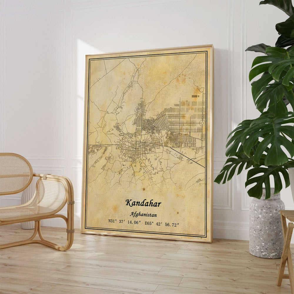 Vintage street map art print of Kandahar, Afghanistan, featuring fine line cartography, historic avenues, and detailed urban layouts on a weathered parchment background. Available from MapYourDreams as an unframed paper poster, a gallery canvas print, or a custom framed wall decor piece in a natural wood frame.