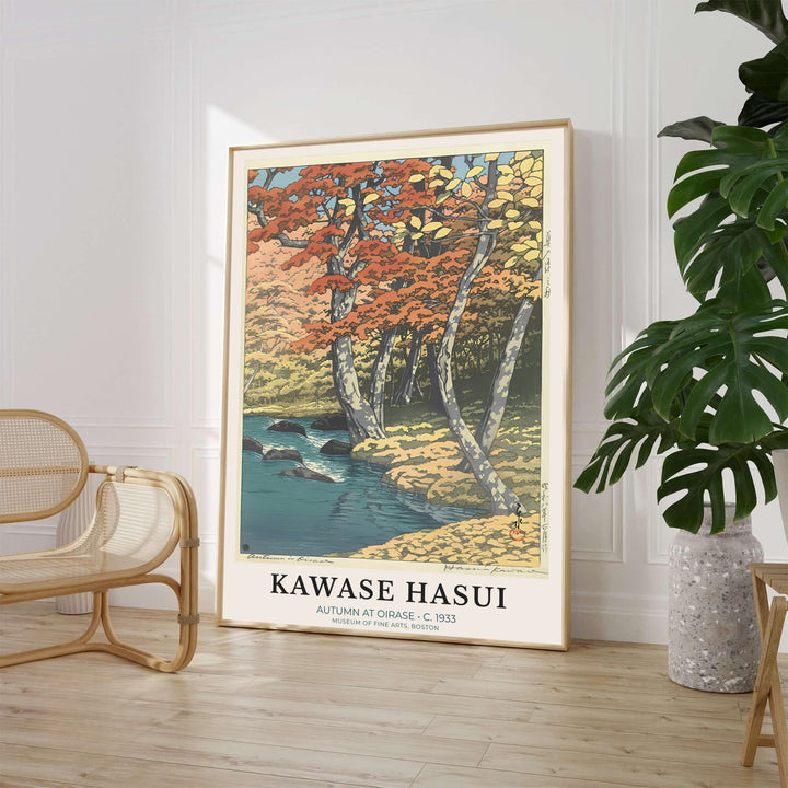 Traditional Asian autumn forest print Autumn at Oirase by artist Kawase Hasui displaying mountain stream foliage at Oirase Mountain Stream. MapYourDreams supplies framed, unframed, and canvas poster options for wall decor.