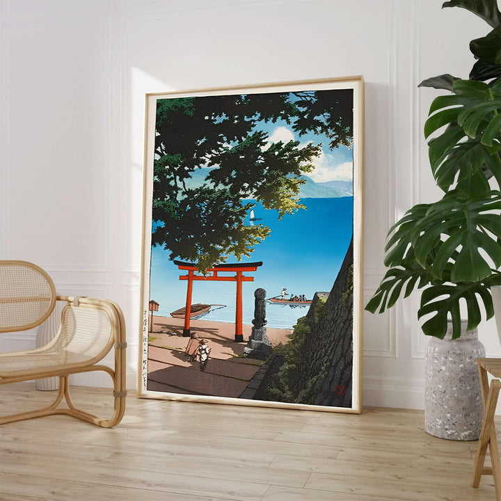 Traditional Asian torii gate print Lake Biwa by artist Kawase Hasui displaying shoreline scenery at Lake Biwa. MapYourDreams supplies framed, unframed, and canvas poster options for wall decor.