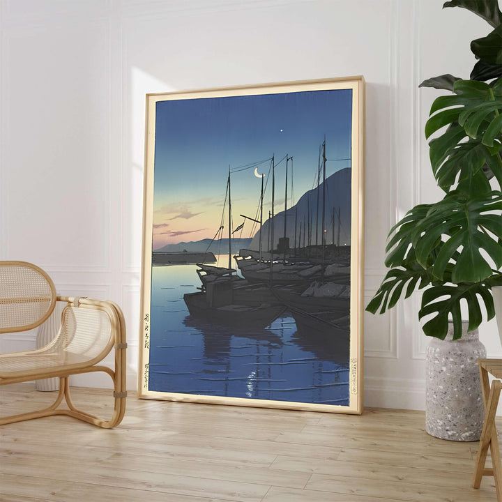 Traditional Asian harbor print Morning in Beppu by artist Kawase Hasui displaying morning bay scenery at Morning in Beppu. MapYourDreams supplies framed, unframed, and canvas poster options for wall decor.