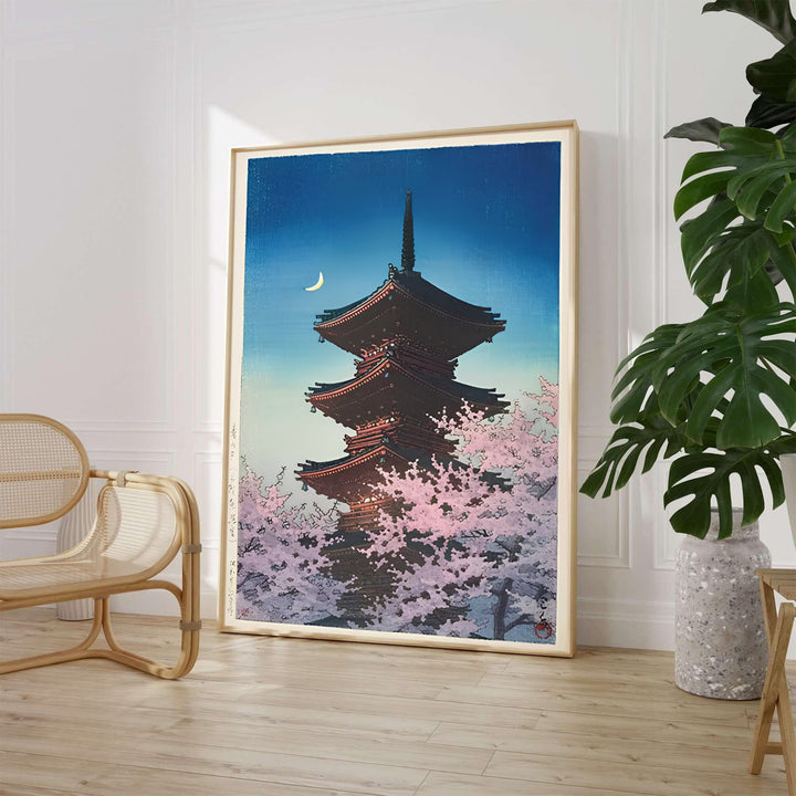 Traditional Asian pagoda print Spring Evening Ueno by artist Kawase Hasui displaying spring evening atmosphere at Spring Evening Ueno. MapYourDreams supplies framed, unframed, and canvas poster options for wall decor.