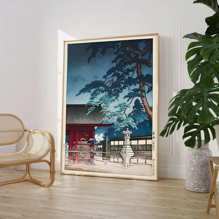 Traditional Asian shrine print Spring Rain Gokokuji Temple by artist Kawase Hasui displaying rain-soaked temple courtyard scenery at Spring Rain Gokokuji Temple. MapYourDreams supplies framed, unframed, and canvas poster options for wall decor.