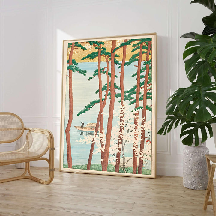 Traditional Asian cherry blossom print Spring at Arashiyama Kyoto by artist Kawase Hasui displaying river scenery at Spring at Arashiyama Kyoto. MapYourDreams supplies framed, unframed, and canvas poster options for wall decor.