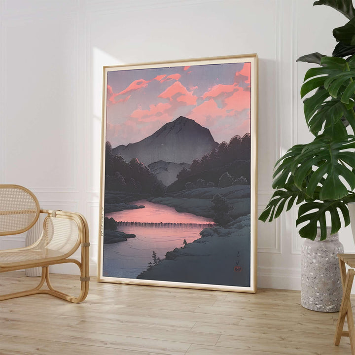 Traditional Asian mountain print Sunset at Oirase by artist Kawase Hasui displaying dusk landscape scenery at Sunset at Oirase. MapYourDreams supplies framed, unframed, and canvas poster options for wall decor.
