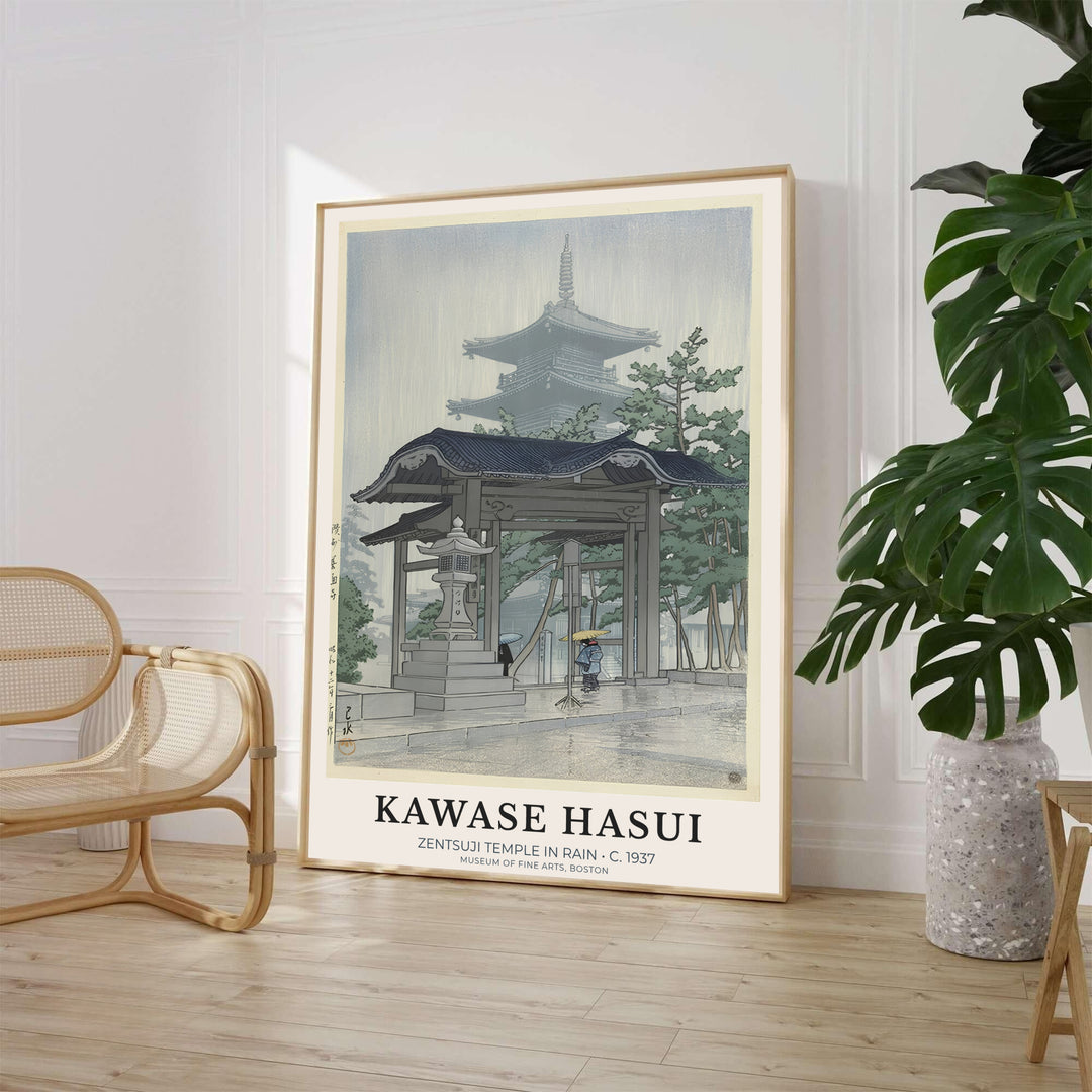 Traditional Asian pagoda print Zentsuji Temple by artist Kawase Hasui displaying rain-soaked shrine grounds at Zentsuji Temple. MapYourDreams supplies framed, unframed, and canvas poster options for wall decor.