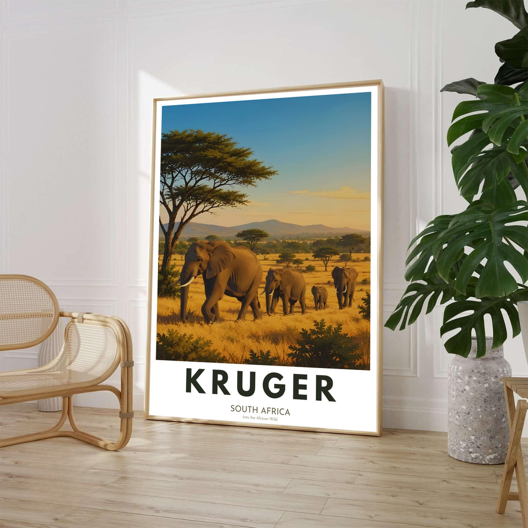 Safari wall art print displaying African elephants roaming across a sunlit savanna beneath a clear blue sky in Kruger National Park. Offered by MapYourDreams, this artwork is available in flexible options including unframed paper, custom wooden frames, and gallery canvas for home display setups.