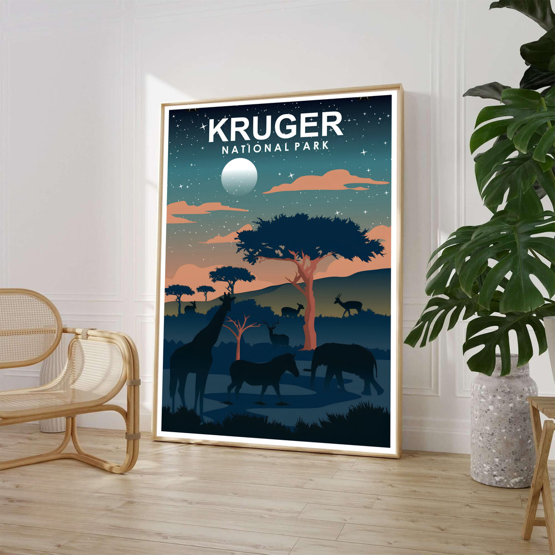 Nocturnal South Africa safari wall art depicting African wildlife roaming under a glowing full moon and starry night sky in Kruger National Park. Offered by MapYourDreams, this artwork is available in flexible options including unframed paper, custom wooden frames, and gallery canvas wraps for tailored home wall decor setups.