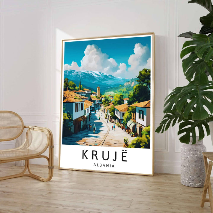 A vibrant retro travel illustration captures the mountaintop town of Krujë with terracotta-roofed buildings and snowy mountain summits under fluffy clouds. Customers can select from unframed archival paper stock, custom wood frames, or gallery canvas wraps to suit their home decor preferences.